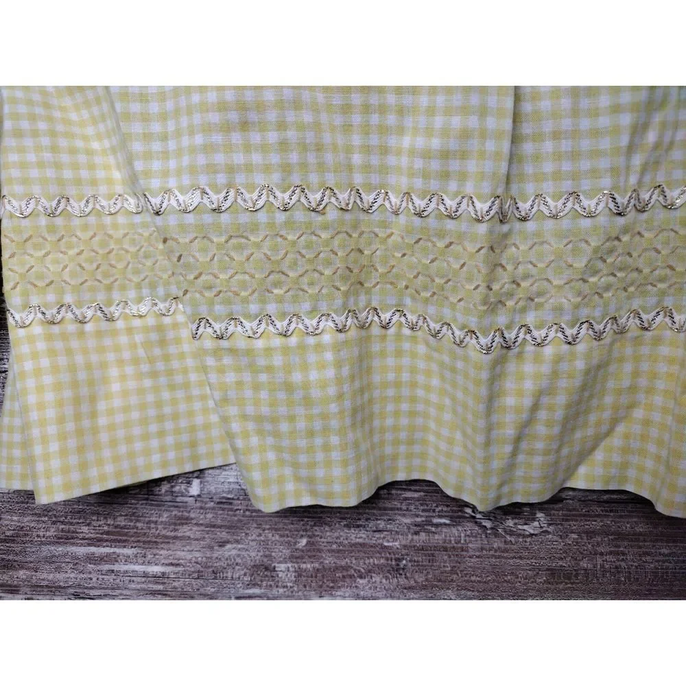 Vintage Half Apron Yellow White Gingham Rick Rack Trim 1950 Handmade Pocket MCM